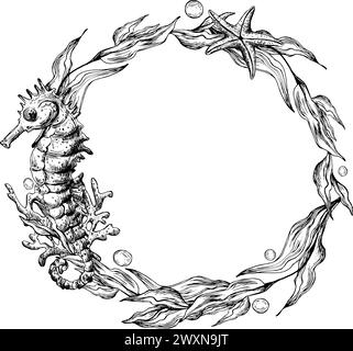 Clipart du monde sous-marin avec des animaux marins hippocampe, coquillages, corail et algues. Illustration graphique dessinée à la main à l'encre noire. Couronne circulaire, cadre EPS Illustration de Vecteur