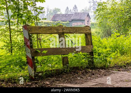 Partie de la vieille clôture en bois à côté du chemin piétonnier à la sortie de la réserve naturelle Ingendael, plantes sauvages, arbres feuillus et ferme en arrière-plan, printemps ensoleillé da Banque D'Images