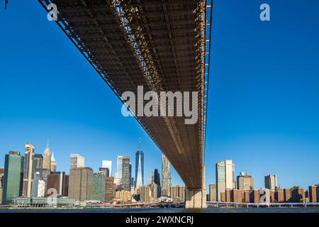 Vue depuis Dumbo Park dans le quartier New-yorkais de Brooklyn, regardant vers Brooklyn Bridge et Manhattan. Banque D'Images