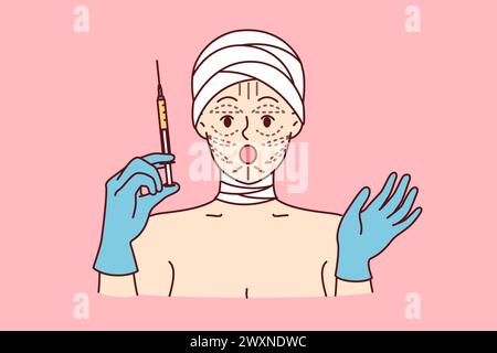 La femme se prépare à la procédure de lifting facial, et ouvre la bouche, choquée par les prix de la chirurgie plastique, tient la seringue dans les mains. Patiente en clinique de chirurgie plastique avec la tête et les lignes bandées sur le visage Illustration de Vecteur