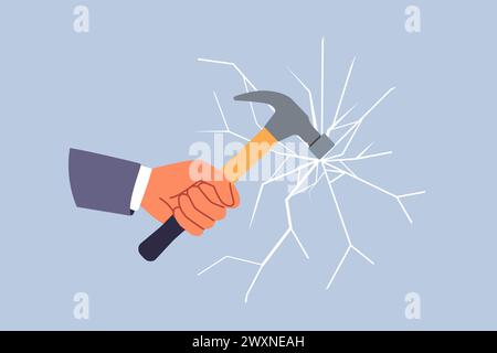 Le verre se brise du coup du marteau tenu par l'homme de main essayant de détruire la cloison de miroir inutile Illustration de Vecteur