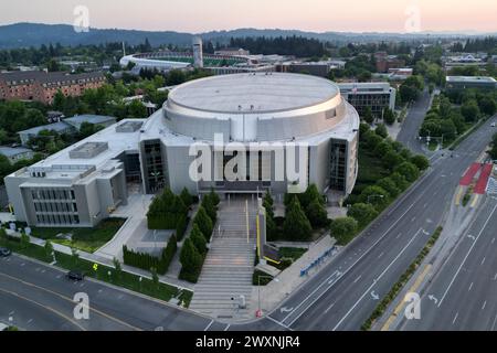 Une vue aérienne générale de la Matthew Knight Arena, mercredi 5 juillet 2023, à Eugene, Ore. Banque D'Images