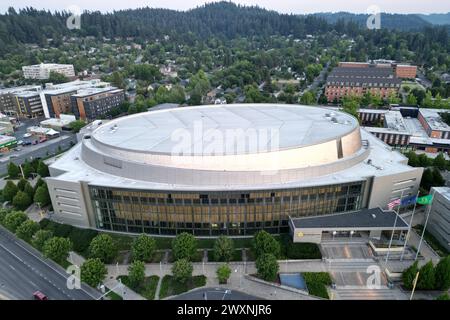 Une vue aérienne générale de la Matthew Knight Arena, mercredi 5 juillet 2023, à Eugene, Ore. Banque D'Images