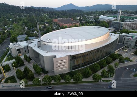 Une vue aérienne générale de la Matthew Knight Arena, mercredi 5 juillet 2023, à Eugene, Ore. Banque D'Images