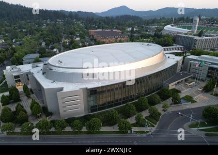 Une vue aérienne générale de la Matthew Knight Arena, mercredi 5 juillet 2023, à Eugene, Ore. Banque D'Images