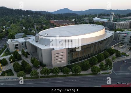 Une vue aérienne générale de la Matthew Knight Arena, mercredi 5 juillet 2023, à Eugene, Ore. Banque D'Images