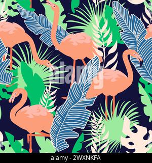 Fond de flamant. Texture sans couture. Feuilles de palmier et oiseau exotique rose. Décor textile naturel, papier d'emballage, papier peint. Impression pour tissu. Décor estival style tropical. Conception de motif vectoriel Illustration de Vecteur