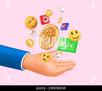 Crypto-monnaies. Main 3D. Achetez des jetons NFT. Monnaie numérique sur la paume. Argent doré pour le commerce virtuel Invest ou le paiement d'artiste. Vente aux enchères d'art créatif. Symboles de rendu d'émoticône. Concept de crypto-monnaie vectorielle Illustration de Vecteur