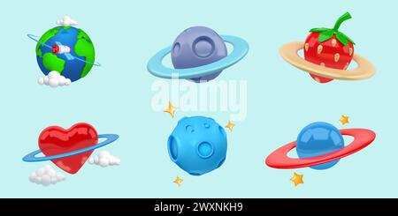 Planète 3D. Icône étoile d'espace. Anneau orbital. Satellite terrestre. Sphère Saturne. Astronomie ou astrologie. Forme de rendu arrondie. Amour coeur ou fraise en cercles. Logo globe. Ensemble d'éléments de galaxie vectorielle Illustration de Vecteur