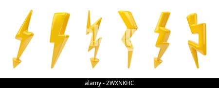 Éclair. Logo flash Thunder, dessin animé jaune isolé rendre des éléments brillants pour le décor, Thunderbolt comme icône de lumière d'orage électrique, symbole de frappe instantanée. Symbole de tension. Illustration vectorielle Illustration de Vecteur