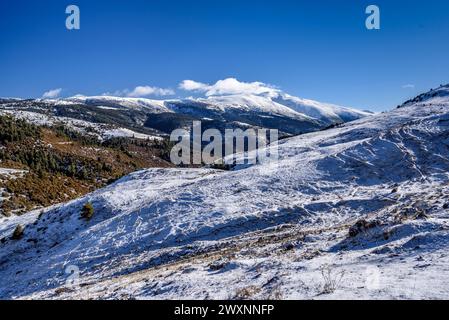 Montagnes enneigées du Puigmal et du Ripollès, vues depuis le Pla d'Anyella (Ripollès, Catalogne, Espagne, Pyrénées) ESP : El Puigmal y las Montañas del Ripollès Banque D'Images