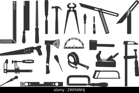 Silhouette d'outils de charpentier, outils de charpentier, silhouette d'outils de travail en bois, silhouettes de charpentier, outils de charpenterie, silhouette d'outils Illustration de Vecteur