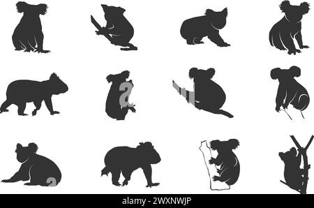 Silhouettes de koala, silhouette d'ours koala, silhouette de koala, illustration vectorielle d'ours koala Illustration de Vecteur