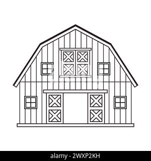 Grange en bois noir blanc monochrome avec une porte. Illustration vectorielle isolée sur fond blanc pour livre de coloriage ou logo Illustration de Vecteur