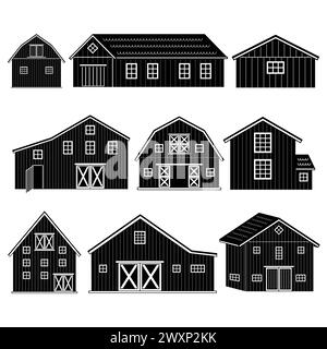 Grand ensemble de granges de stockage en bois blanc noir ou de fermes avec fenêtres, portes. Maisons isolées icônes ou logos sur le fond blanc Illustration de Vecteur