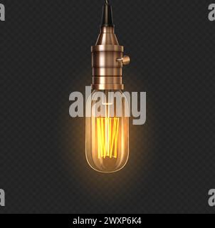 Ampoule vintage incandescente 3d illustration vectorielle réaliste. Allumez la lampe à incandescence. Lanterne électrique sur fond transparent Illustration de Vecteur