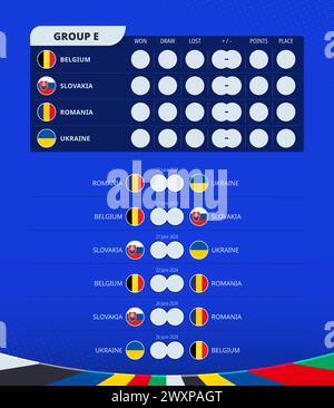 Tableau de bord du groupe E du tournoi européen de football 2024. Horaire des matchs de tous les matchs. Drapeau vectoriel du Groupe E. Illustration de Vecteur