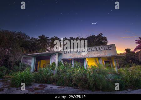 Une image de l'attraction touristique abandonnée Everglades Gatorland le long de la route US 27 à South Bay, en Floride. Banque D'Images