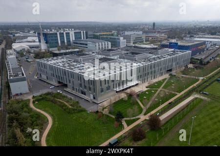 Vue aérienne du site Sky Studios (Sky Osterley) à Isleworth, Royaume-Uni. Banque D'Images