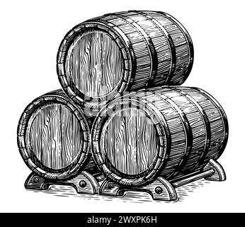 Trois fûts de chêne pour boissons alcoolisées. Fûts en bois avec vin ou bière. Illustration de style de gravure dessinée à la main Illustration de Vecteur