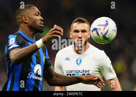 Milan, Italie. 01st Apr, 2024. Marcus Thuram de l'Inter pendant le match de football Serie A entre l'Inter et Empoli au stade San Siro de Milan, au nord de l'Italie - 1er avril 2024. Sport - Soccer . (Photo de Spada/LaPresse) crédit : LaPresse/Alamy Live News Banque D'Images