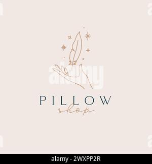 Main avec plume et lettrage oreiller dessin de magasin dans le style linéaire sur fond beige Illustration de Vecteur