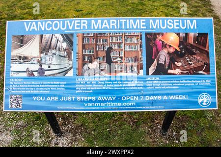 Panneau du musée maritime de Vancouver au parc Hadden à Vancouver, Colombie-Britannique, Canada Banque D'Images