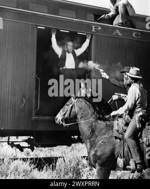 Scène de vol de train, sur le plateau du film, 'Butch Cassidy and the Sundance Kid', 20th Century-Fox, 1969 Banque D'Images