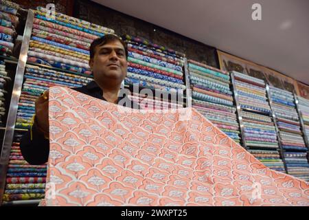 Vendeur indien montrant des textiles avec une variété de couleurs dans la boutique d'un marché local Banque D'Images