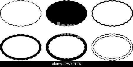Ensemble de cadres ovales aux bords ondulés. Formes elliptiques avec bordures ondulées. Vignettes Wiggly, miroirs, zones de texte vides, balises, étiquettes isolées sur fond blanc. Illustration graphique vectorielle. Illustration de Vecteur