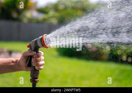 Tuyau d'arrosage avec buse réglable. Main de l'homme tenant pistolet de pulvérisation et arrosant les plantes, pulvérisant de l'eau sur l'herbe dans la cour arrière. Banque D'Images