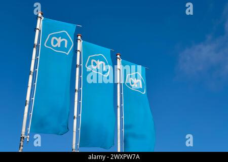 Logo Albert Heijn sur des bannières bleues arbre. Albert Heijn est la plus grande chaîne de supermarchés des pays-Bas et possède également des succursales en Belgique. Banque D'Images
