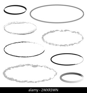 Ensemble de cadres ovales assortis. Collection de bordures elliptiques variées. Variations d'arête de cercle. Eléments décoratifs pour anneaux. Illustration vectorielle. SPE 10. Illustration de Vecteur