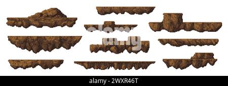Jeux d'art pixel d'arcade 8 bits pierres de roche et plates-formes de montagne, actifs d'environnement vectoriel, niveaux et éléments d'interface utilisateur de carte. Jeux vidéo plates-formes pixelisées, îles de pierre brune, terre sale et blocs de sol Illustration de Vecteur