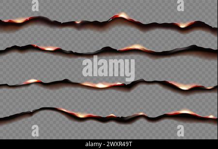 Bords brûlants de papier avec effet de flammes de feu sur fond transparent. Vector bords de page 3D de parchemin et vieille feuille de papier avec texture réaliste de cendres noires. Lignes de bordure et de cadre brûlées Illustration de Vecteur