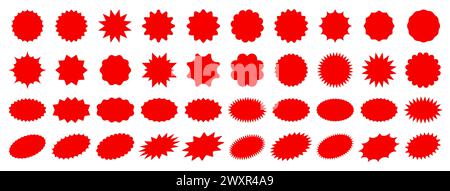 Autocollants et étiquettes de prix de vente Starburst, étoile et rosette, Sunburst, légende et éclaboussure, timbre et badges d'étiquette. Cercles vectoriels isolés et autocollants rouges ovales, étiquettes promotionnelles et étiquettes avec bords festonnés Illustration de Vecteur