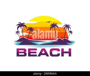 Icône de plage tropicale d'été avec des palmiers sur les îles, un coucher de soleil vibrant et des vagues turquoise de l'océan. Label vectoriel isolé avec paradis, vacances d'été, voyage exotique et détente sur la station Illustration de Vecteur