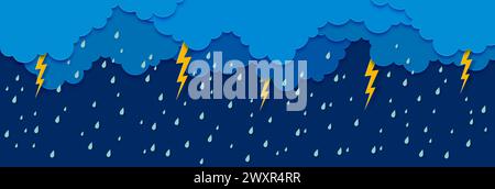 Pluie coupée en papier avec des nuages de ciel, des gouttes d'eau et des éclairs. Fascinant 3d vecteur Papercut douche sur fond nuageux avec des gouttelettes d'eau suspendues au milieu des airs et des flashes éclairant la scène atmosphérique Illustration de Vecteur