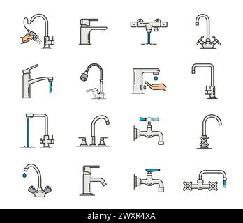 Icônes de robinet de salle de bains et de cuisine de l'évier d'eau de bain, symboles vectoriels de contour. Types de robinets de cuisine ou de salle de bain avec des gouttes d'eau, des mains et des vannes et des pictogrammes de tuyau de brouillard en ligne Illustration de Vecteur