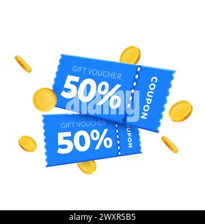 3d couple de coupons avec pourcentage de code promotionnel avec des pièces d'or. Cadeau spécial avec coupons ou coupons. Bon cadeau et modèle de pièce d'or. illustration vectorielle 3d. Illustration vectorielle Illustration de Vecteur