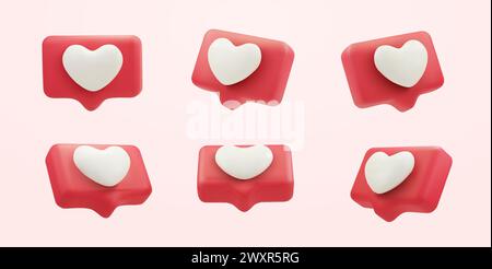 Ensemble de boîtes de texte de coeur de vecteur 3d, icônes de coeur, notification d'amour de médias sociaux, émoticône sur la boîte de chat. Icône de coeur sur une épingle rouge, isolé. Ensemble de cœur dans l'icône de bulle de dialogue. illustration vectorielle 3d. Illustration vectorielle Illustration de Vecteur