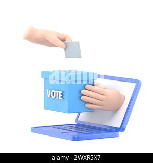 Main d'homme d'affaires isométrique 3d plat mettant le papier de vote dans l'urne qui sortent du moniteur d'ordinateur portable. Vote en ligne et concept d'élection.3D rende Banque D'Images