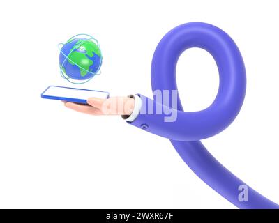 Plat 3d isométrique homme d'affaires main tenant smartphone avec le monde et le réseau mondial. connexion internet et concept global de communication.long arms co Banque D'Images