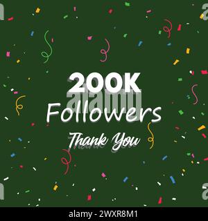 Merci, 200k followers. Carte avec confettis colorés. Illustration de Vecteur