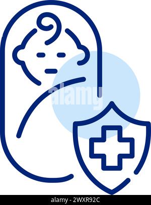 Bébé emmailloté dans une couverture et symbole d'assurance avec croix médicale. Pédiatrie, garde d'enfants et soins sécurisés. Icône Illustration de Vecteur