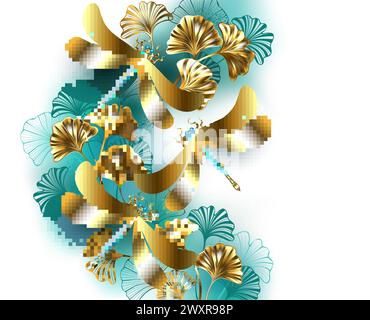 Composition asymétrique de libellules d'or avec des ailes à motifs, artistiquement dessinées dans le style art nouveau et des branches avec de l'or, des bijoux et du vert l Illustration de Vecteur