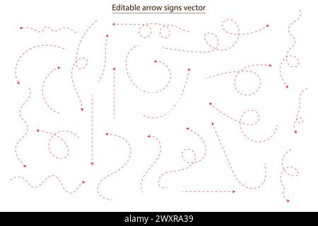 Flèches pointillées dessinées à la main et panneaux de direction dans un style plat. Illustration de Vecteur