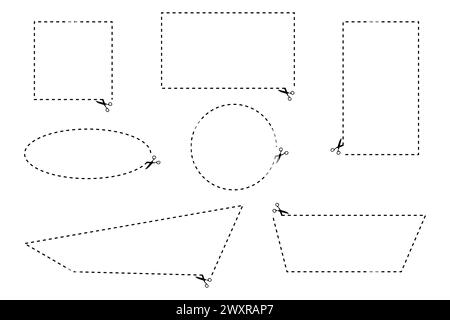 Icône de ciseaux vectoriels, lignes pointillées avec des symboles de ciseaux, ligne de coupe avec des ciseaux. Illustration de Vecteur