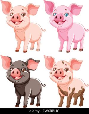 Quatre cochons mignons illustrés dans diverses poses. Illustration de Vecteur