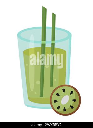 Cocktail de fruits en verre avec paille. Boisson fraîche d'été au kiwi. Illustration vectorielle. Illustration de Vecteur